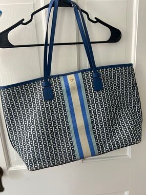 Tory Burch Navy and Cream Stripe Logo-Print Tote